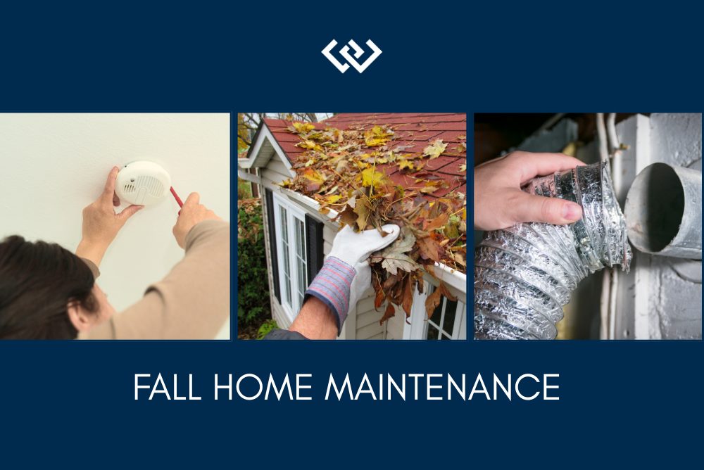three photos of hands working on fall home maintenance
